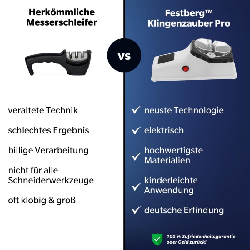 festberg Klingenzauber Pro Elektrischer Messerschärfer - In 5 Sekunden scharf, elektrisch & manuelles Schärfen, hygienisch & leicht zu reinigen