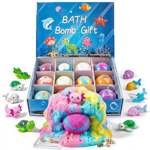 Bombas de baño para niños con sorpresa en el interior, bombas de baño para niños, juego de regalo de cesta de Pascua, con juguetes sorpresa del océano dentro de bolas de baño de burbujas para niños