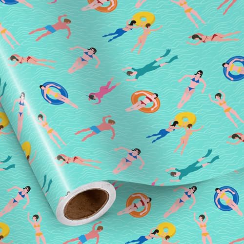 RUSPEPA Summer Pool Party Wrapping Paper Roll, Mini Roll, Colorful Swimming People Design Gift Wrap for Pool Party, Beach Vacation, Birthday, Summer Celebration, 17 Inches x 16.4 Feet