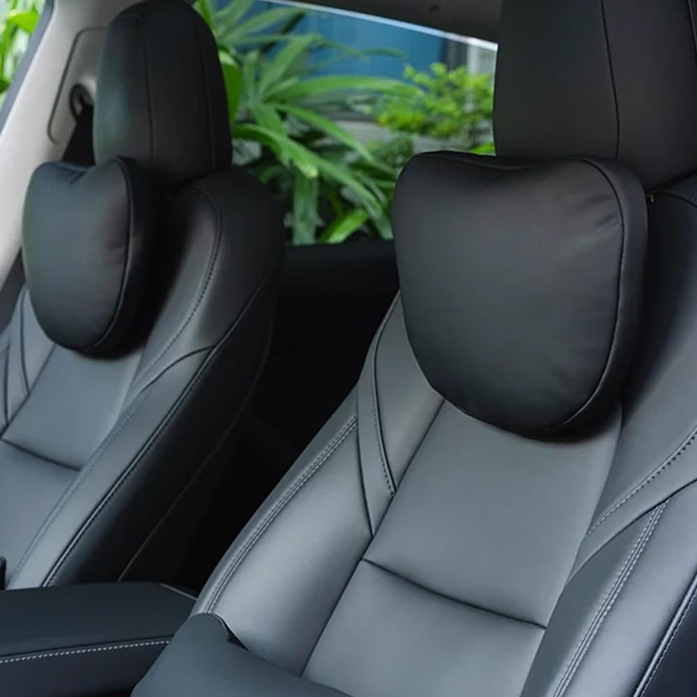Seat Headrest Neck Pillow for Tesla Model S/X/3/Y Juniper 19-27 Car Neck Support Pillow Seat Headreck Cushion Nappa Leather Neck Support Car Accessories(2pcs Black)