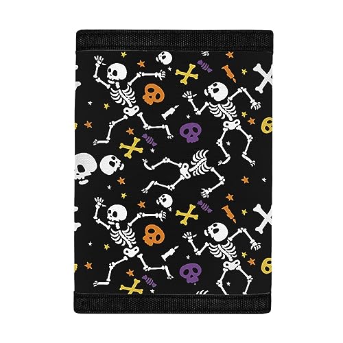 Coldinair Halloween Skeleton Print RFID Trifold Canvas Wallet Credit Card Holder for Outdoor for Women Kids Boys Girls Teens Skull Candy and Stars -Black3