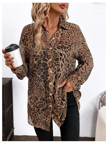 Milumia Women's Leopard Cheetah Sheer Mesh Button Down Shirt Long Sleeve Drop Shoulder Blouse Top3