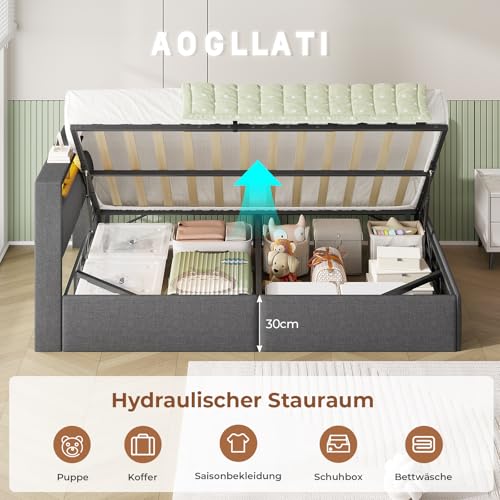AOGLLATI Polsterbett Schlafsofa 140x200 mit USB-Steckdosen & hydraulischem Stauraum, Betten 140x200 mit LED-Kopfteil & Lattenrost, Kinderbett Tagesbett, Doppelbett, Leinen, Dunkelgrau (ohne Matratze)