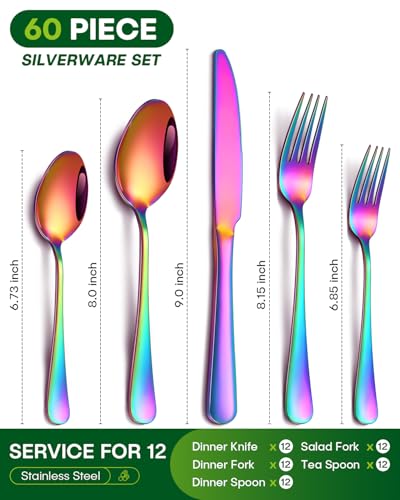 Image of PHILIPALA 60 Piece Rainbow Silverware Set, Stainless Steel Flatware Set for 12 Colorful Novelty Flatware Cutlery Utensil Set Include Knife Fork Spoon Food Grade Mirror Polished Dishwasher Safe