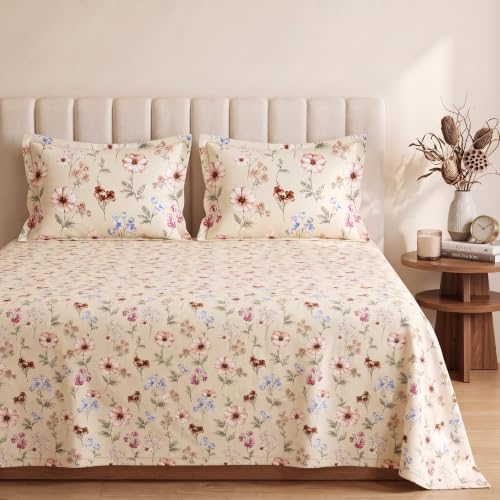 Image of VAS COLLECTIONS Premium 240 TC Cotton Double Bedsheet Set with 2 Pillow Covers | Breathable Floral Print Bedding | Fade Resistant | 228 x 254 cm, Blush & Periwinkle Floral, Double Flat (90x100) Blush