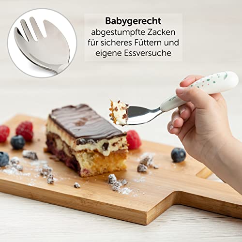 Foto von MiaMia Kinder und Baby Besteck Set - sicheres, geprüftes und lebensmittelechts Babybesteck aus Edelstahl mit handlichen Griffen - Creme Weiß (ab 12 Monate (4 Teile))
