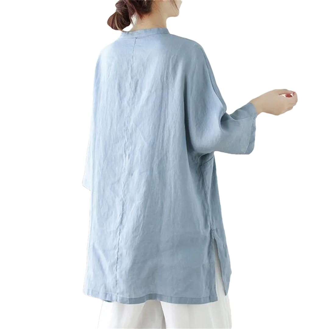 Chemise longue décontractée brodée en coton et lin pour femme