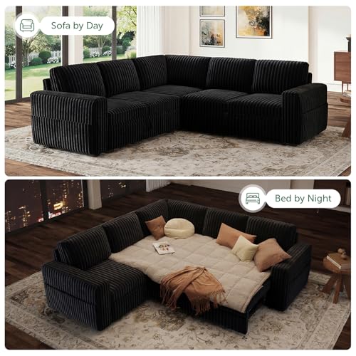 Image of HONBAY Modular Sectional Sleeper Sofa with Pull Out Bed,Corduroy L Shaped Couch with Storage, Sectional Couches for Living Room,Black