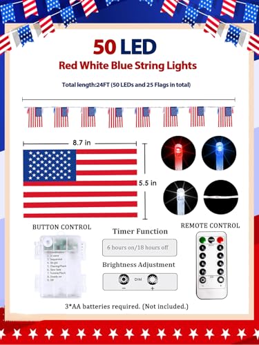 Image of 4th of July Decoration, 24FT 50LED Red White and Blue String Lights 25 American Flags, Battery Operated Patriotic Lights Waterproof 8 Modes, Remote & Timer for 250th Anniversary Independence Day Decor