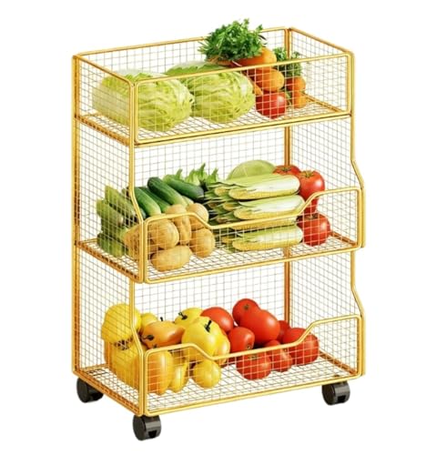 FENGJISUN Carrito De Cocina Móvil Multifuncional Cesta De Almacenamiento Frutas Y Verduras con Ruedas, Organizador For Despensa Cocina(Gold,3 Layer)