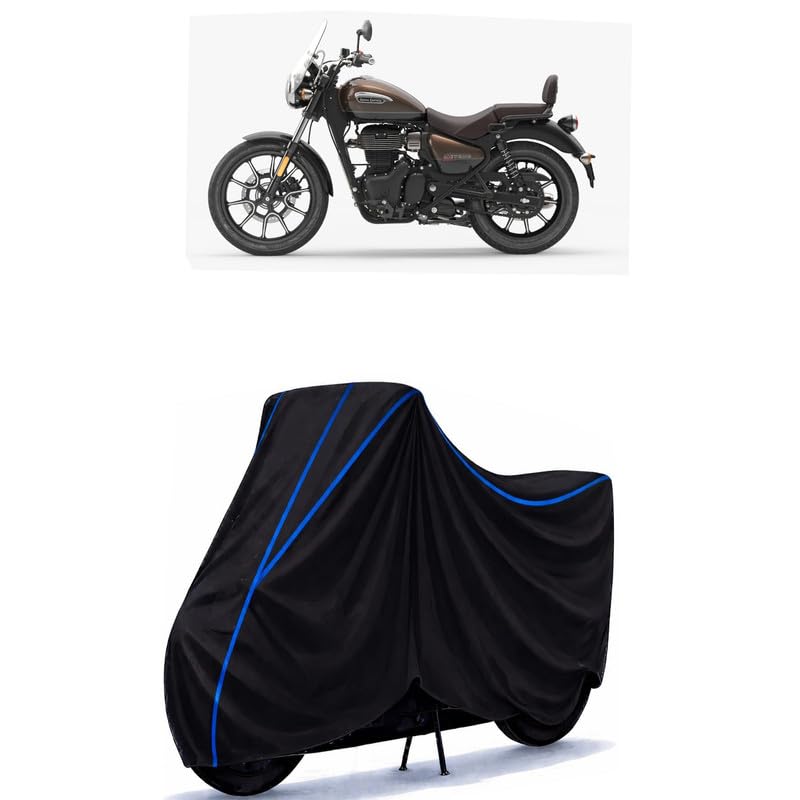 Image of Royal Meteor 350 Supernova Bike Cover Water Resistant Universal Motorcycle Rain | Heavy Duty UV Protection, Dust, Scratch Indoor Outdoor All Weather with Black Blue Piping Elastic