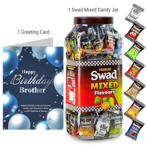 Image of Swad Happy Birthday Brother Bhaiya Gift with Card (Swad Mixed Flavours Candy 200 Jar & 1 Greeting card) 2 units