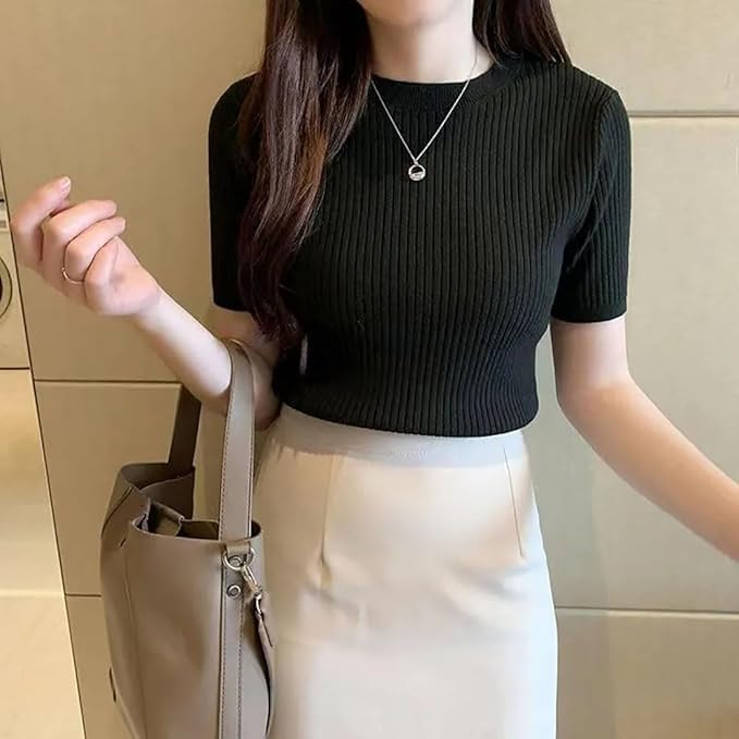 Image of Typical Fashion Women's Ribbed Knit Slim Fit Top - Short Sleeve, Round Neck, Stretchable Stylish T-Shirt for Casual & Formal Wear