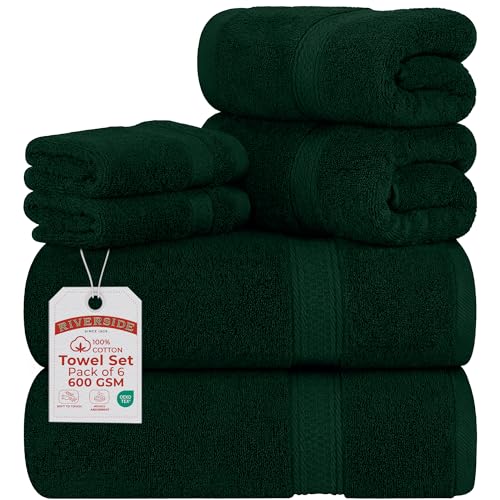 RIVERSIDE Luxury 6 Piece Towel Set 2 Bath Towels 2 Hand Towel 2 Wash Cloths 100% Cotton 600 GSM Hotel Quality Soft Highly Absorbent Towels for Bathroom Hunter Green Towel Sets