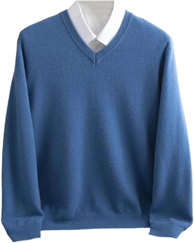 Solid Merino Wool Sweater Men's V-Neck Pullovers Knit Large Size Fall Winter Long Sleeve Jumpers Tops