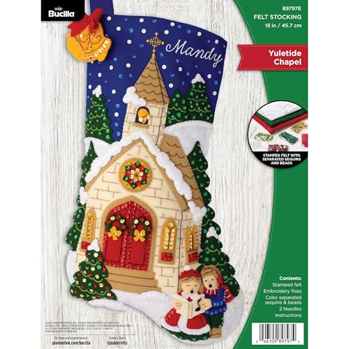 Image of Bucilla Felt Applique 18 inch Stocking Making Kit, Yuletide Chapel, Perfect for DIY Arts and Crafts
