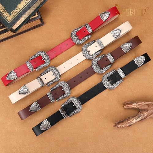 Image of JASGOOD Double Buckle Western Belts for Woman Cowgirl Country Belt Vintage Black Leather Belt for Jeans Pants Dresses