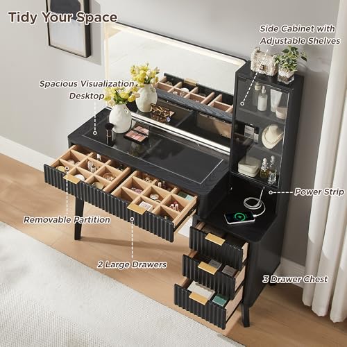 Image of T4TREAM 48 inch Fluted Makeup Vanity Desk with 36 inch Lighted Mirror, Black