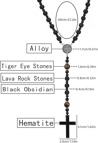Miniatura 9 de Black Onyx Obsidian and Tiger Eye Beaded Hematite Cross Pendant Saint Benedict Necklace Christian Sacramental Medal Ward off Evil Protection Jewelry