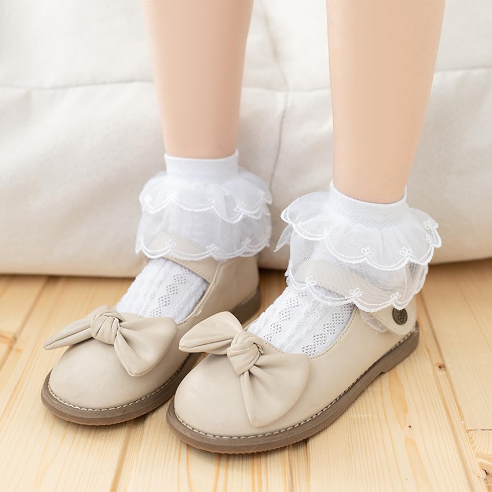 Calzini Corti Donna Con Volant In Pizzo E Fiocco, Traspiranti, Cotone, Neri/bianchi/marrone, Taglia 35-40 - 4