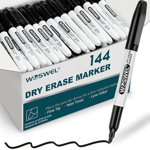 WOSWEL Dry Erase Markers Bulk, 144 Pack Black Fine Tip Whiteboard Markers, Fine Point, Low Odor Dry Erase Markers for School Office Home