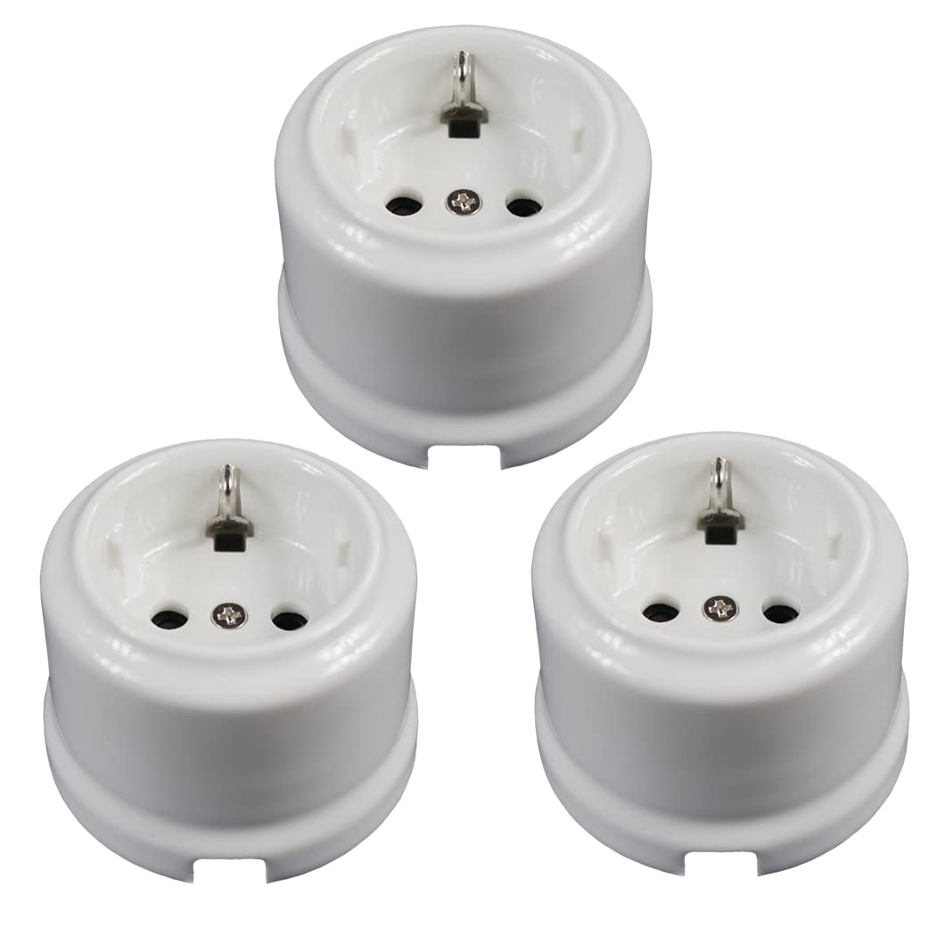 3 Schuko Prises en surface porcelaine blanche avec terre et système de protection enfant Porcelaine Blanche 16A,250V