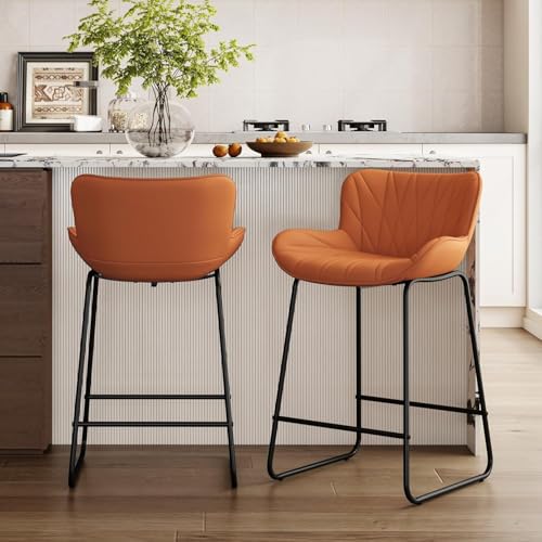 chairus Lot de 2 Tabourets de Bar en Cuir PU, Tabouret de Comptoir sans Accoudoirs pour Cuisine, Chaises de Bar avec Pieds en Métal, Orange-2