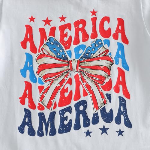 Image of Kids Toddler Girls 4th of July T-Shirt Short Sleeve Patriotic Coquette Bow American Flag Independence Day Top