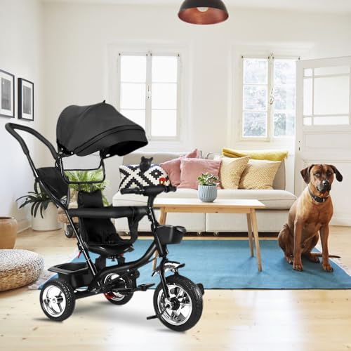 4 en 1 Triciclo Bebé con Asiento Reversible Triciclo Evolutivo, bastón, Campana y Espejos, arnés de Seguridad de 9 Meses a 5 años, Bicicleta Bebe- 4 -in -1 -Negro