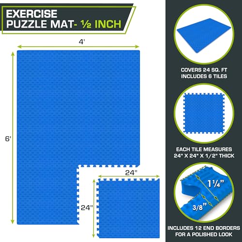 Image of ProsourceFit Exercise Puzzle Mat -inch, Checkered EVA Foam Floor Tiles w / Non-Slip Texture, Interlocking Design for Adjustable Gym Surfaces, Shock Absorbing, Blue, 24 Sq Ft - 6 Tiles