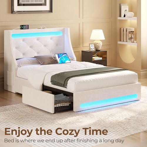 Image of Rolanstar Twin Bed Frame with LED Lights and Charging Station, Upholstered Bed with Drawers, Wooden Slats, Noise Free, Easy Assembly, Beige