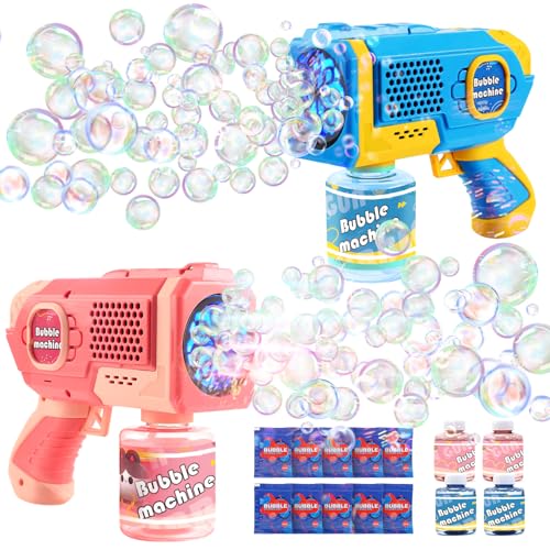 EagleStone 2 Pack Bubble Gun Machine for Kids, Automatic Light Up Bubble Blower with 4 Bottles 10 Bags Refill Solution, Bubble Guns Blaster for Toddlers, Outdoor Toys Gifts, Wedding Easter Party Favor