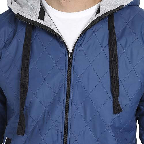 Image of Campus Sutra Men's Blue Quilted Puffer Jacket With Zip-Closure For Casual Wear | Hooded Neck | Long Sleeve | Zipper Closure | Polyester Jacket Crafted With Comfort Fit For Regular Wear