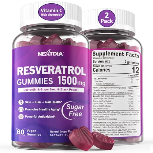 Resveratrol Supplement 1500mg - Resveratrol Gummies Supports NAD NMN & NMNH Synergy with Quercetin Grape Seed Acai Berries Extracts for Antioxidant Healthy Aging & longevity Skin Brain - 2Pcs