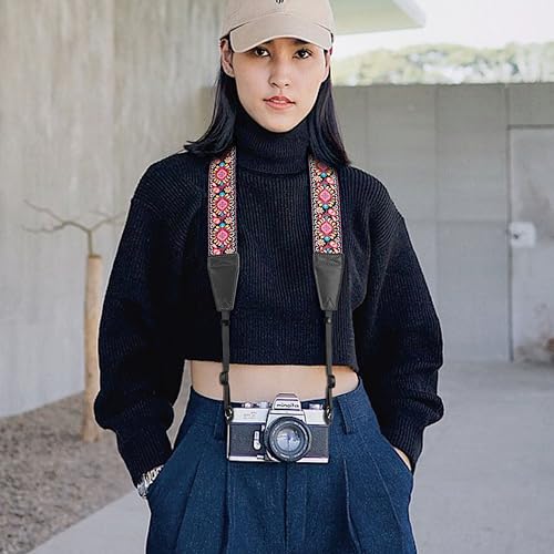 Image of Padwa Lifestyle Pink Flower Camera Strap - 2 inch Full Grain Leather Ends Camera Straps for Photographers, Vintage Embroidered Cotton Weave Soft Suede Fabric Padded Strap Quick Release fits All Cameras