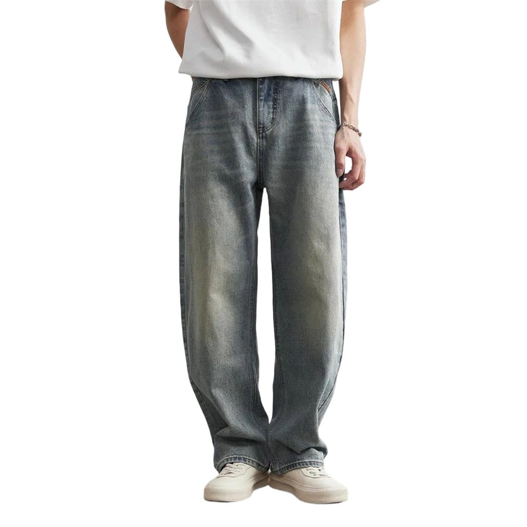 Mens Washed Denim Jeans Loose Fit Straight Trousers for Casual Wear
