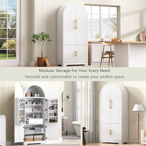Image of Ball & Cast 72″Tall Arched Kitchen Pantry Cabinet with 8 Door Shelves & Drawers,Versatile Farmhouse Fluted Pantry Storage Cabinet w / 3 Adjustable Shelves for Kitchen,Dining Room,White