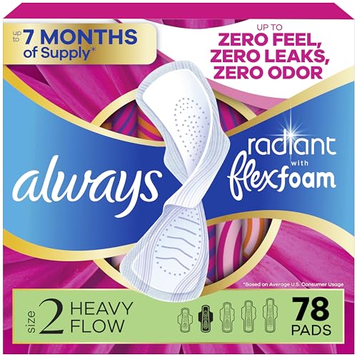 Always Radiant Feminine Pads for Women, Flexfoam Pads with Wings, Size 2, Heavy Absorbency, Lightly Scented, 78 Count (3 Packs of 26)