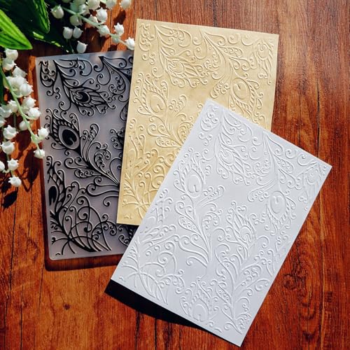 DIYology Feathers Embossing Folders for Card Making, Peacock Feathers Embossing Folder Template for DIY Paper Crafts Scrapbooking Polymer Clay Decoration