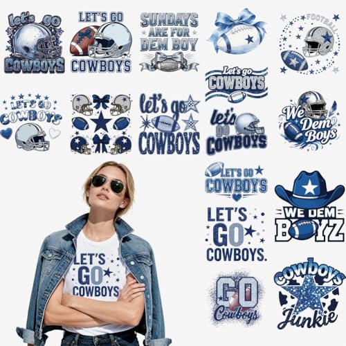 CRAFTYMELODY 16Pcs Blue Cowboys Iron on Transfer 16 Style Football Sports Team Heat Transfer Vinyl Decal Ready to Press Applique for T-Shirts Hats Bags Jackets DIY Fabric Decor Sports Fans