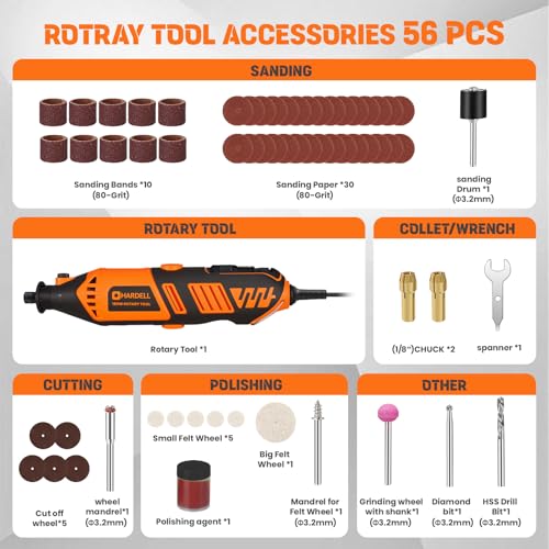 HARDELL Rotary Tool Kit, 180W Corded Rotary Tool 6 Variable Speeds, 8000-35000RPM Power Rotary Tools with 61 Accessories for Sanding, Polishing, Cutting, Engraving,Carving, DIY Crafts - Image 8