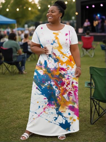 Image of PinkPatty Plus Size Dress for Women Casual Crew Neck Short Sleeve Maxi Dress Oversized Summer Beach Dresses with Pockets