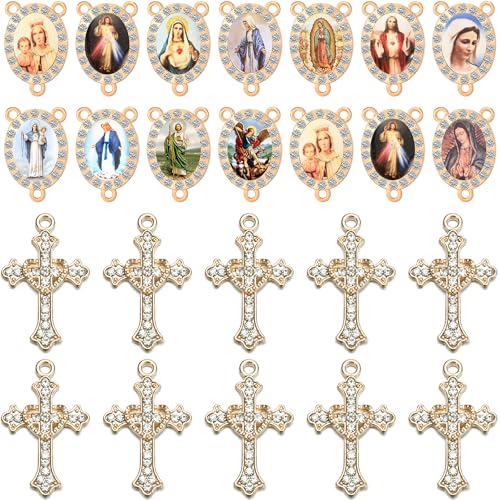 LiHan1028 30Pcs Religious Rosary Making Supplies 15 Mixed Oval Saint Connectors and 15 Crystal Cross Charms 0.87 x 0.6 inch Medallions 1.1 x 0.7 inch Crosses (Gold)