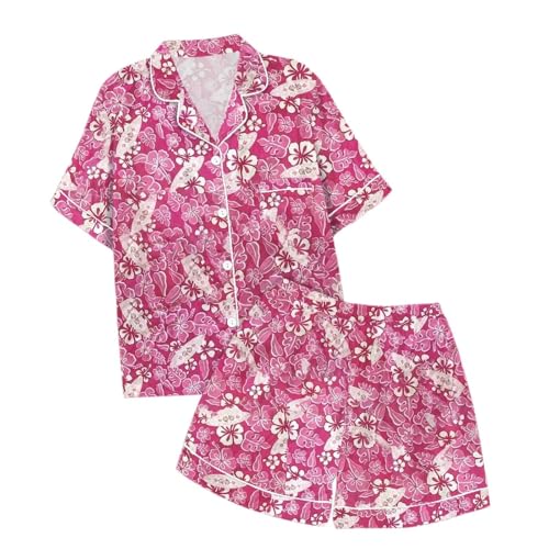Girls Satin Pyjamas for Kids Fashion Flower Pattern Satin Nightwear 2 Pcs Button-Down 𝗣j𝘀 Print Short Sleeve Sleepwear2