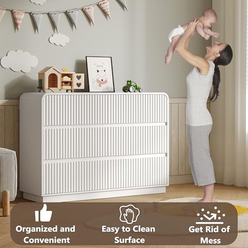Image of BORNOON Dresser for Bedroom with 6 Drawers, Fluted Chest of Drawers with Round Curved Corner, Hidden Handles, Modern Wood Storage Organizer for Bedroom, Nursery, Living Room