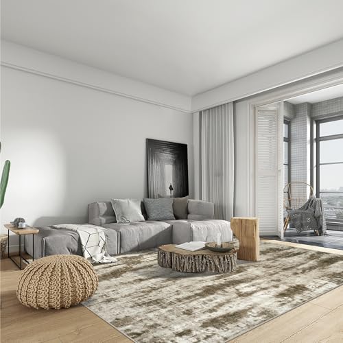 9x12 Area Rugs Washable Rug: Modern Abstract Living Room Rug Soft Anti-Skid Thin Carpet Indoor Floor Non-Shedding Carpets for Bedroom Dining Room Farmhouse Nursery Home Office Brown