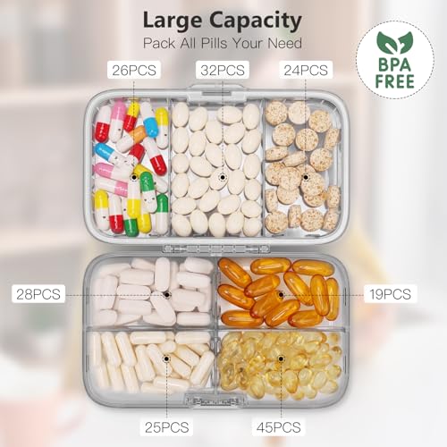 Image of FYY Weekly Pill Organizer with Labels,8 Compartments Travel Daily Pill Case Airtight Moistureproof Large Pill Box to Hold Vitamins, Fish Oil, Supplements,Cotton Swab and Bandages-Grey