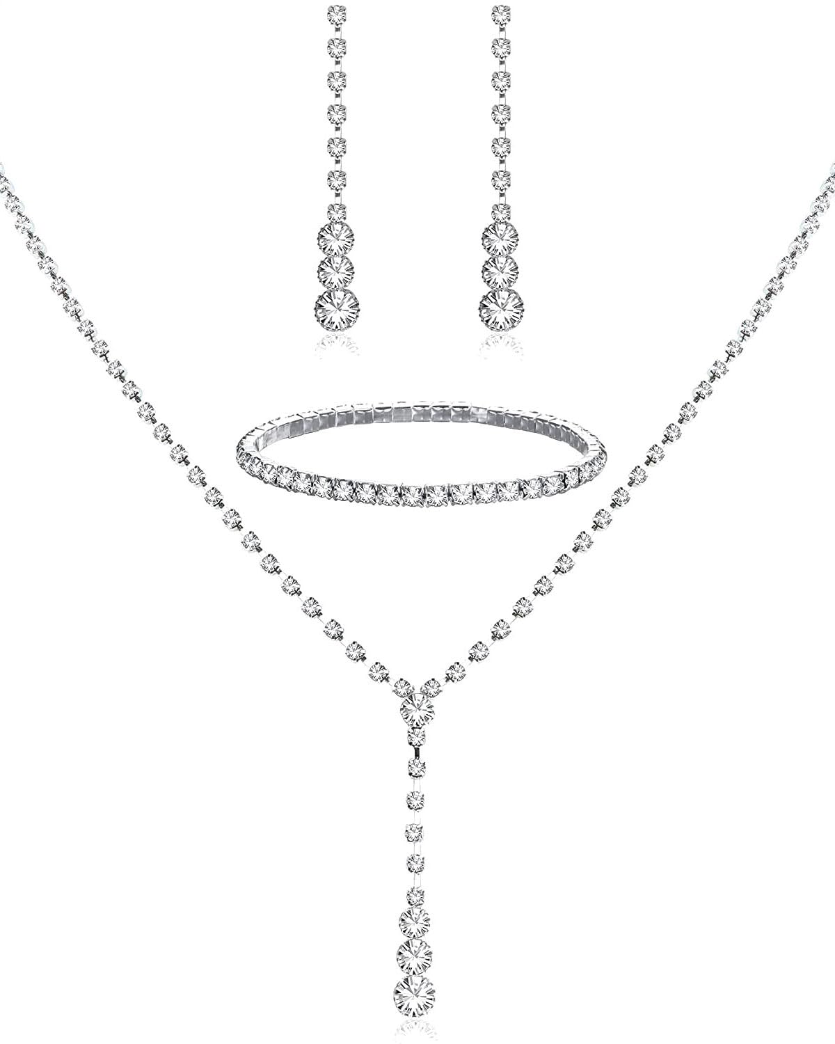 IPNSDON Conjunto de Joyería Nupcial de Plata-4Pcs,Collar de Diamantes de Imitación, Pulsera, Pendientes Colgantes,para Novia, Cristal, Boda, Graduación, Accesorios de Joyería para Mujer