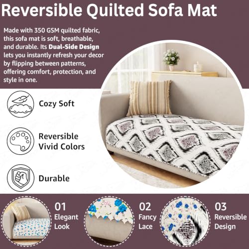 Image of Lukzer 1 Seater Sofa Cover Mat Reversible Quilted Sofa Seat Protector with WaveEdge Ultrasonic Cut - Ikat Rose - Washable Anti-Slip Sofa Throw for Living Room Couch Cover 60 x 85 CM /SC-203-01WE