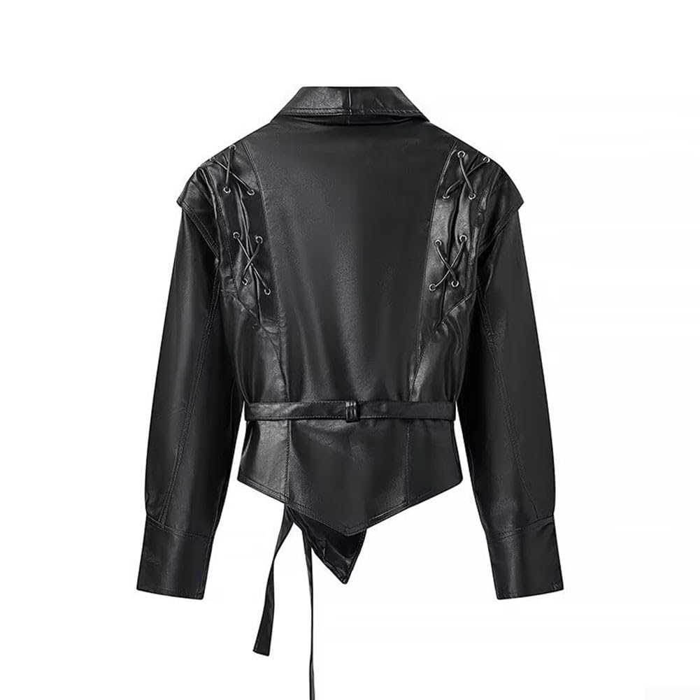 Veste en cuir synthétique pour femme, manches longues à lacets pour manteau de moto, vêtements d'extérieur décontractés pour l'automne et l'hiver, veste de motard en polyuréthane marron